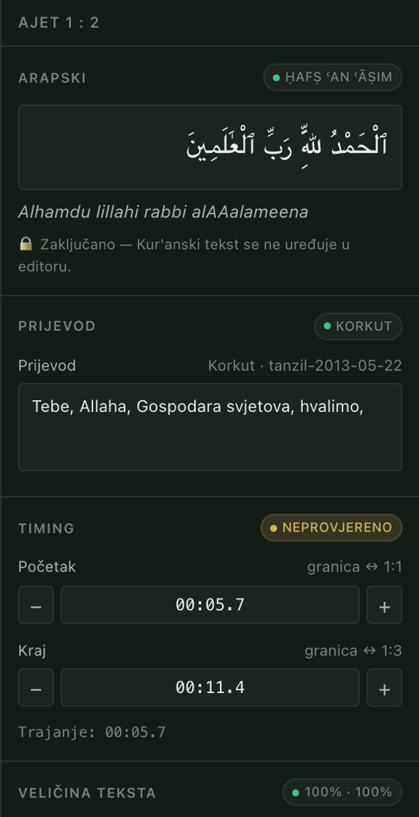 Panel inspektora: zaključano arapsko polje sa transliteracijom, prijevod sa oznakom izvora Korkut i tajminzi označeni kao neprovjereni.