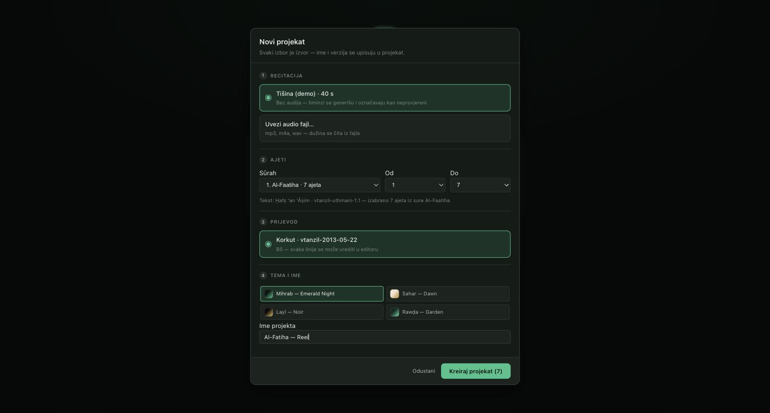 The new project wizard with four numbered steps: recitation, verse range, translation provider and theme, each recording its source and version.